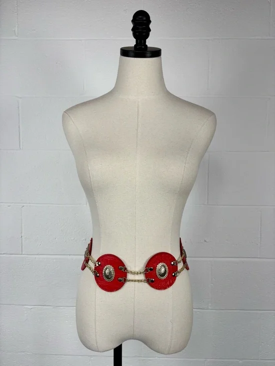 Vintage Western Disc Belt Silver Concho Red Embossed Faux Leather Gold Chain S/M - Picture 5 of 13